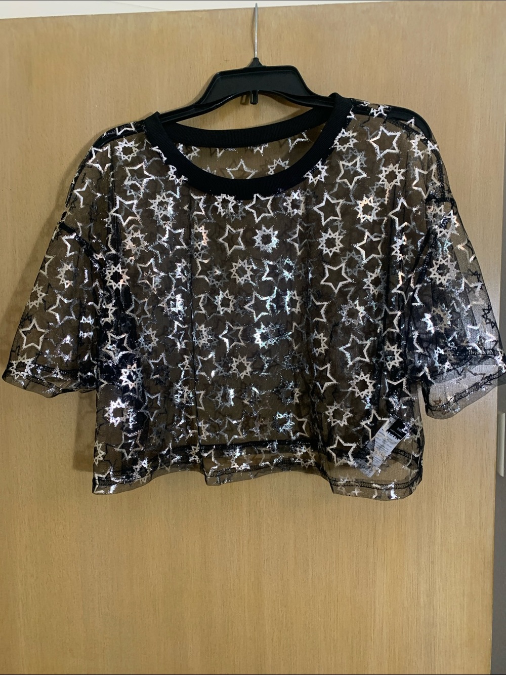 🩶🩶EXCITING PLUS SIZE 2X Sheer Star-Embroidered Black & SilverCrop Top